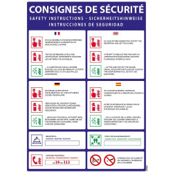 Panneau consignes de sécurité pour chambre hôtel 4 langues