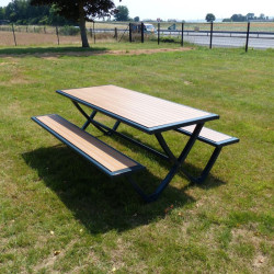 Table de pique-nique acier - Plateau & Bancs HPL Teck - Bordeaux