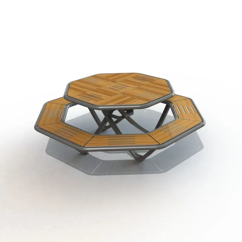 Table de pique nique octogonale en compact stratifié Teck + acier