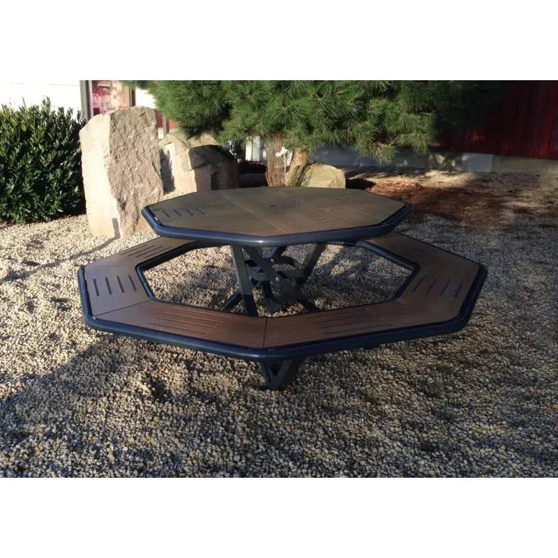 Table de pique nique octogonale en compact stratifié Teck + acier
