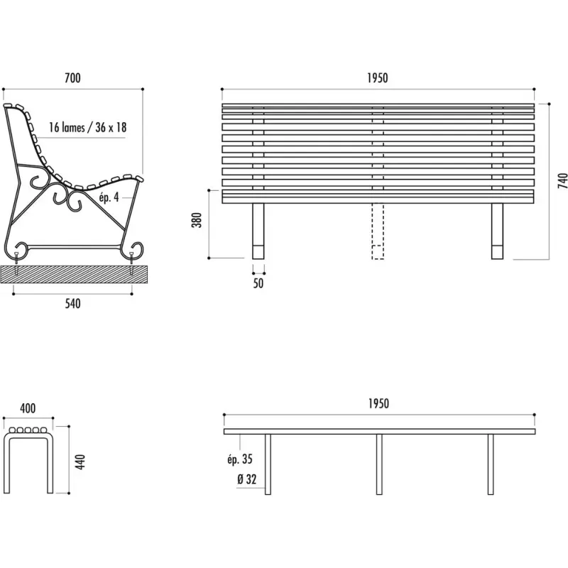 Banc public à lattes Buenos Aires 2 pieds