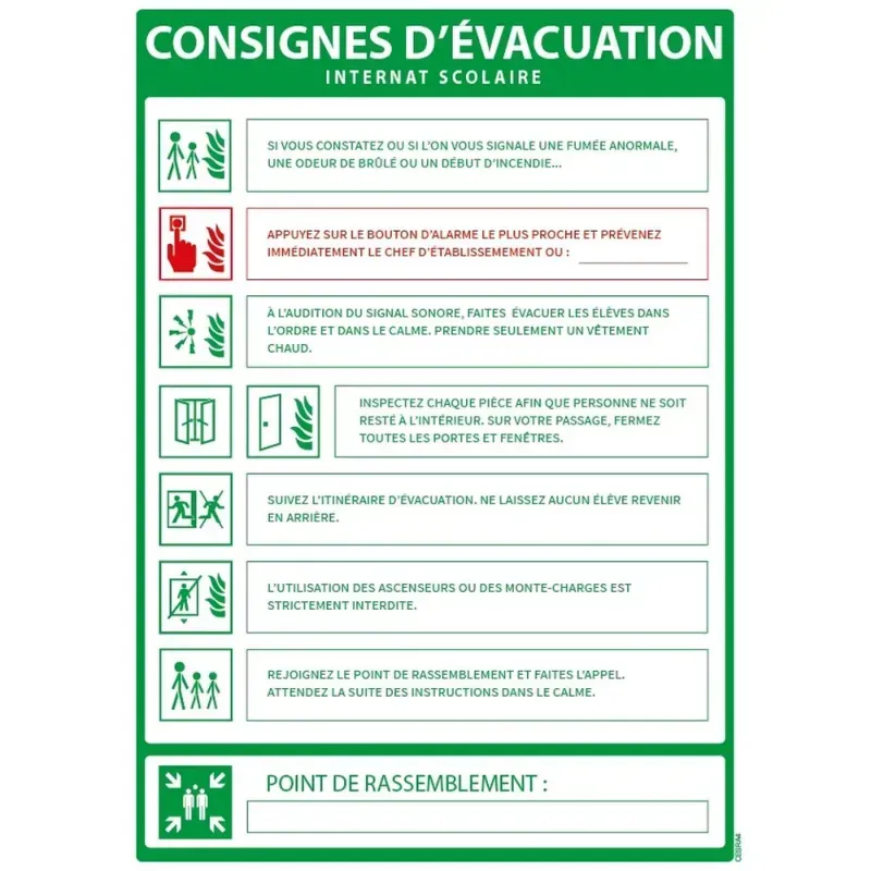 Panneau consignes d'évacuation surveillant de chambres