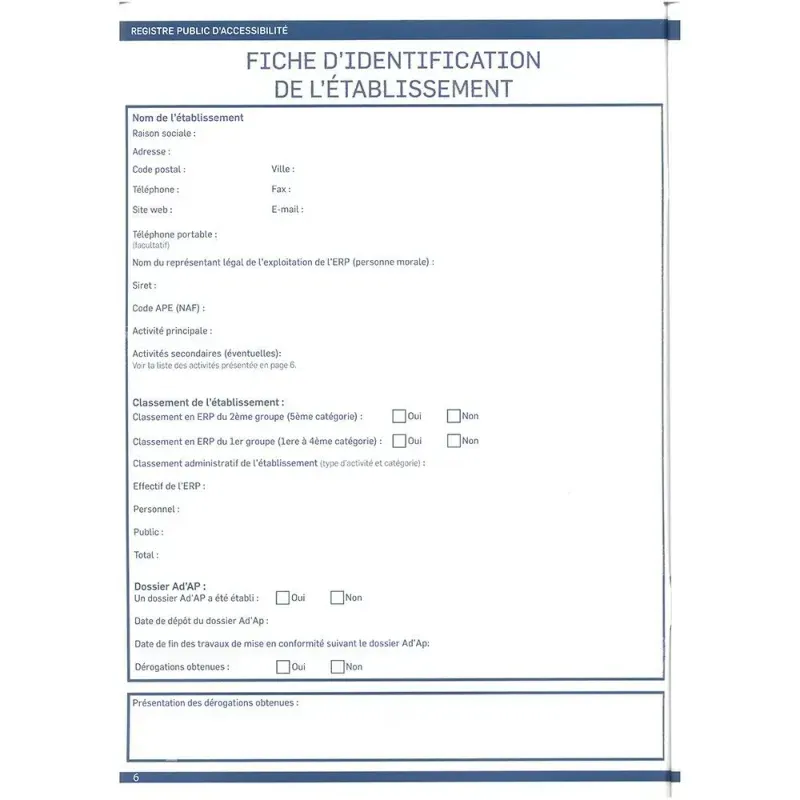 Registre public d'accessibilité format A4 - 32 pages