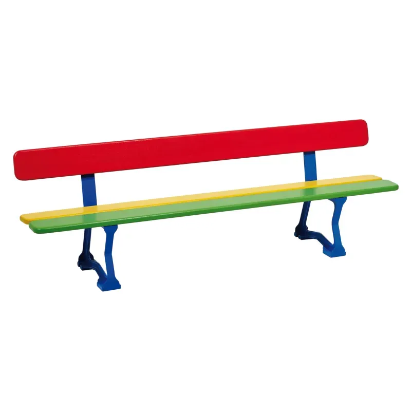 Banc multicolore en lames de bois et structure en acier pour enfants