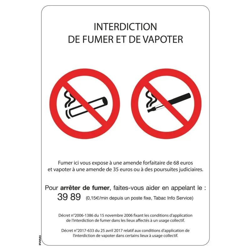 Panneau interdiction de fumer et de vapoter picto et loi