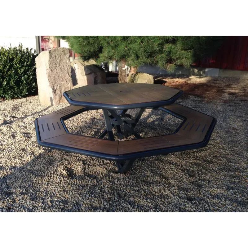 Table de pique nique octogonale en compact stratifié Teck + acier