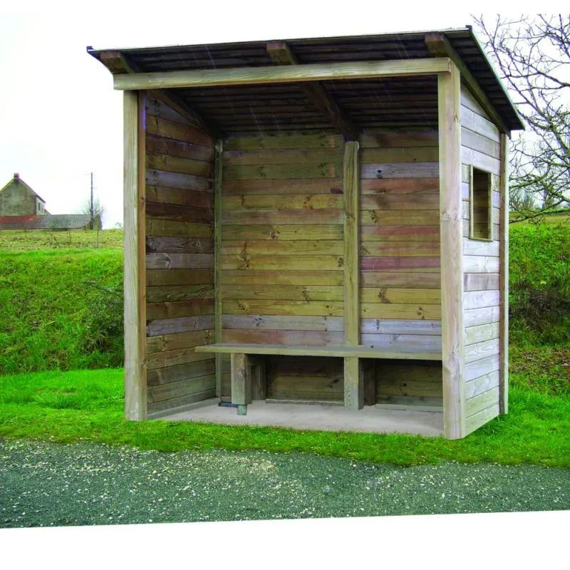 Abri bus en bois avec banquette ouvert sur face avant