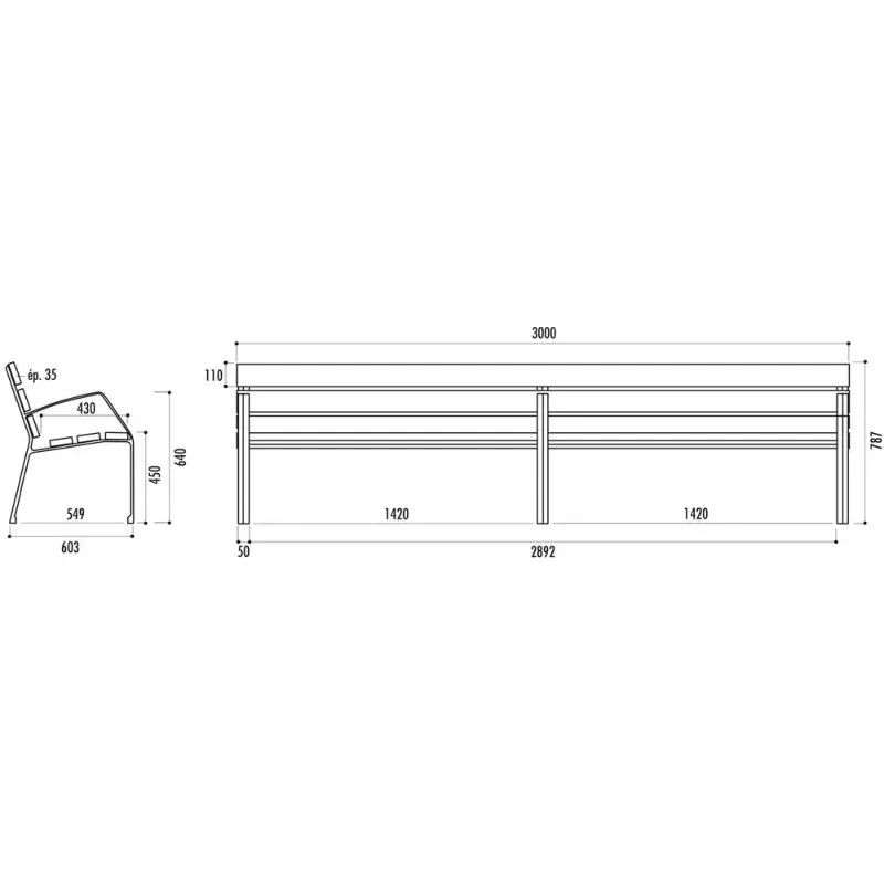 Banc Fabregas Modo 08 6 lames 300 cm - Bois exo et pieds en fonte
