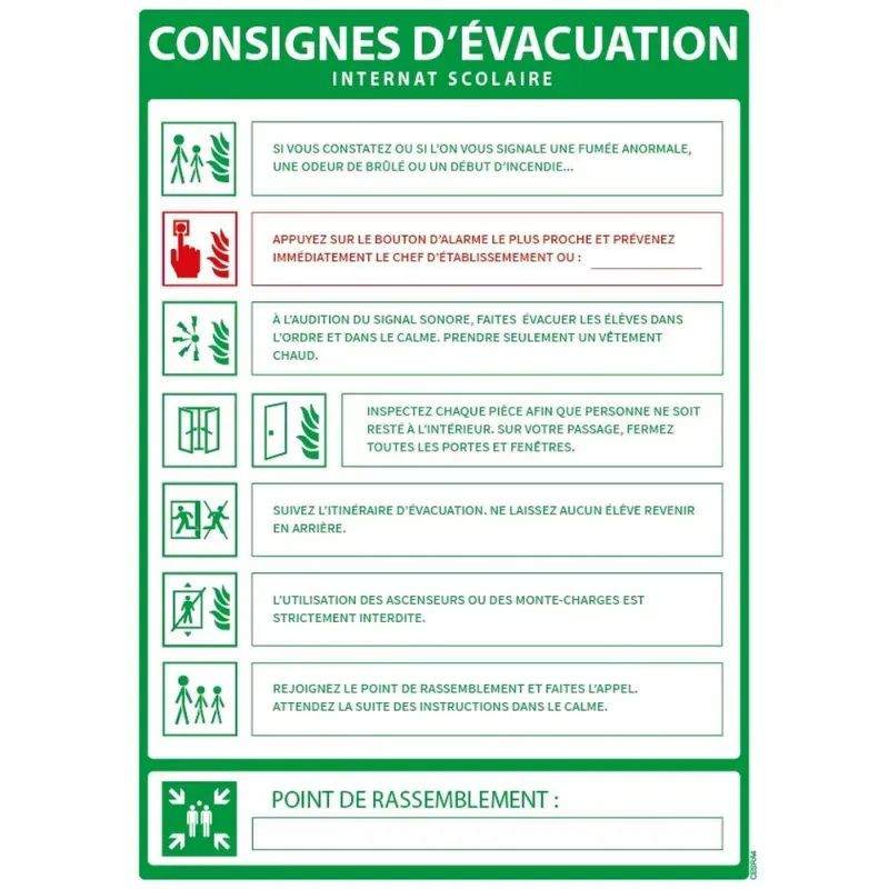 Panneau consignes d'évacuation surveillant de chambres
