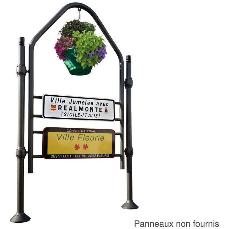 Structure porte panneau d'agglomération fleuri en métal