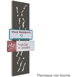 Totem porte panneau d'agglomération coloré en métal découpé