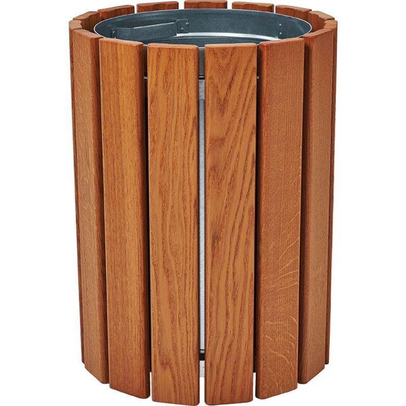 Corbeille urbaine cylindrique en bois et sceau métallique de 60 L
