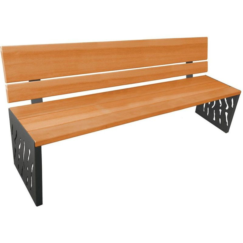 Banc de ville avec assise et dossier en bois, pieds en tôle découpée
