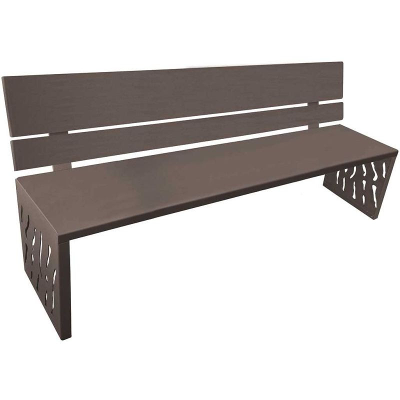 Banc de ville avec dossier en fer et pieds en tôle découpée