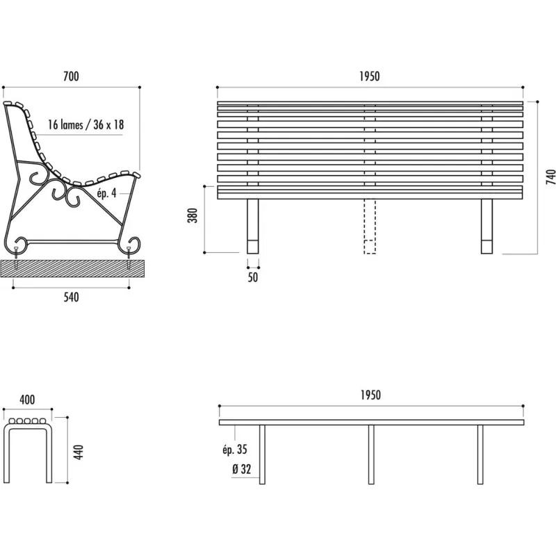 Banc public Buenos Aires 2 pieds à lattes