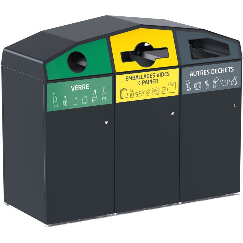 Point de collecte de tri extérieure 3 flux + bacs poubelles - Trirok