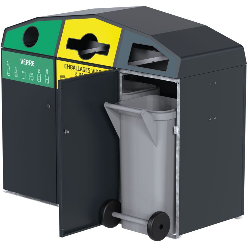 Point de collecte de tri extérieure 3 flux + bacs poubelles - Trirok