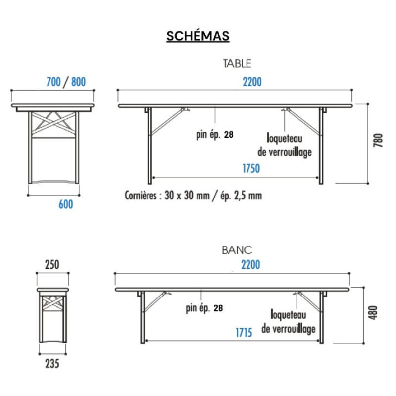 Table Pilsen en bois rectangulaire pliante et empilable