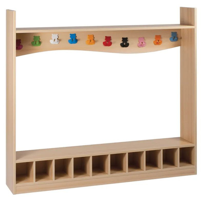 Banc avec 10 casiers mélamines et 10 patères multicolores