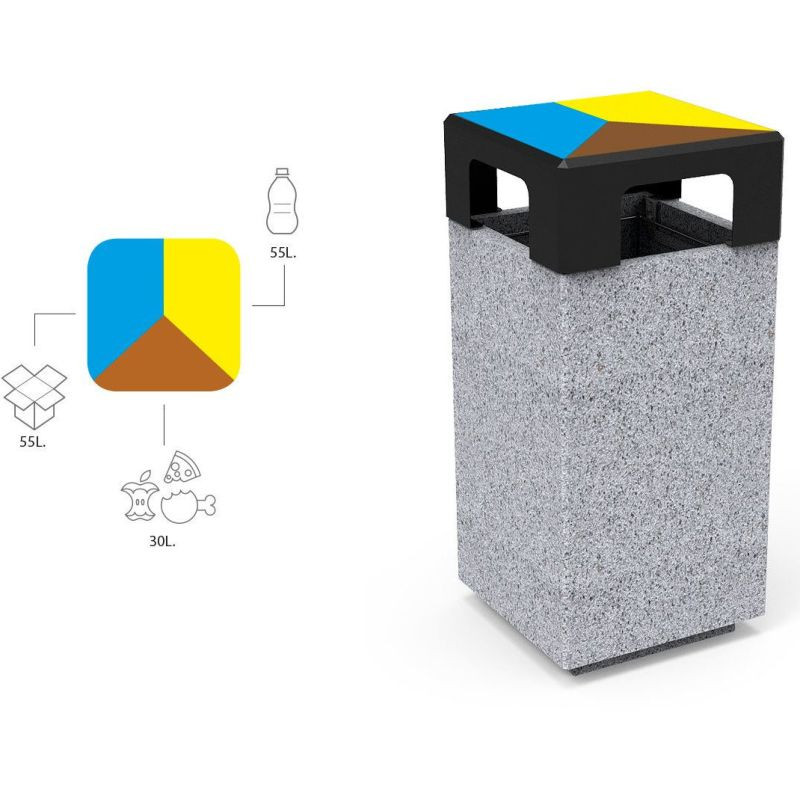 Poubelle Kube 3 flux de tri sélectif en béton - Benito PA672S3