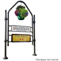 Structure porte panneau d'agglomération fleuri en métal