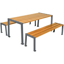 Table de pique nique et bancs en bois de chêne et acier coloré