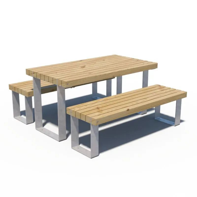 Table de pique-nique acier - Plateau &amp; banc en pin - Rustik