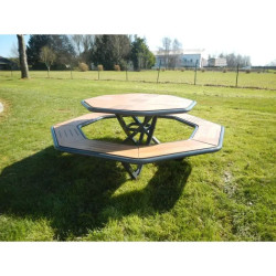 Table pique nique octogonale en compact stratifié Teck + acier